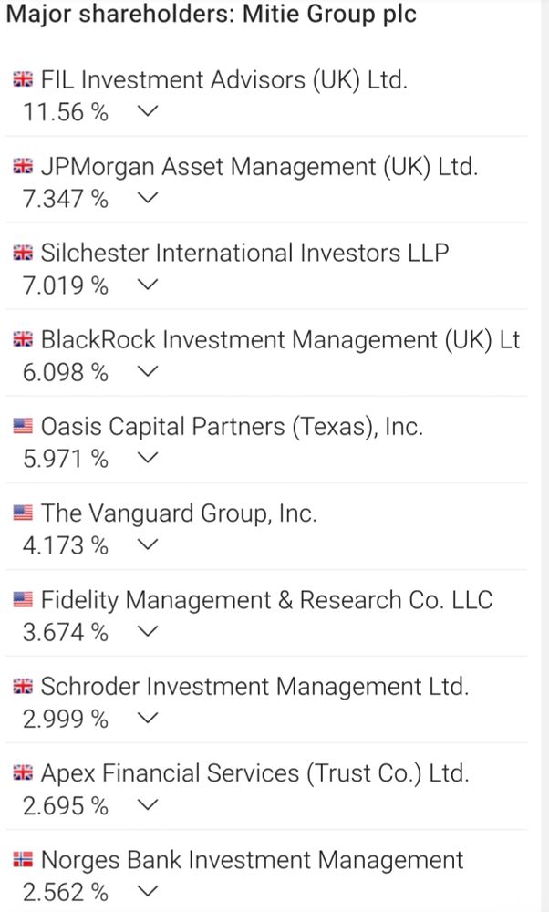 A list of Mitie's main shareholders, which includes foreign firms like BlackRock, Vanguard, JPMorgan and Norges Bank. It shows the UK is exporting cash while squeezing workers.
