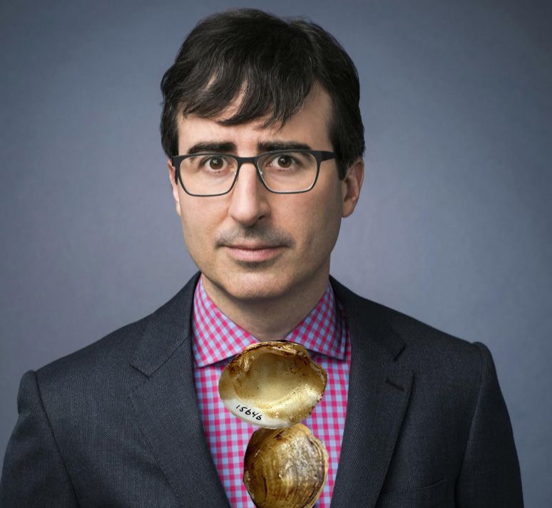 John Oliver in a light red and blue checkered shirt and black jacket with nacreous clams affixed to his tie.