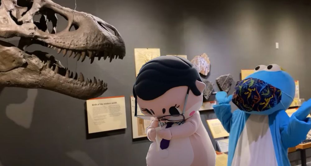 a blue dinosaur mascot costume with a white belly and eyes on the top of the head like a muppet wearing a dinosaur mask stands next to a pale otter-like chibi mascot wearing glasses and a tie with a collar but no shirt and dark hair, resembling John Oliver. They are standing in an exhibit hall with a large T-rex skull just over the John Oliver puppets head as he looks down at a piece of paper. Behind them are several other Cretaceous fossils and information panels