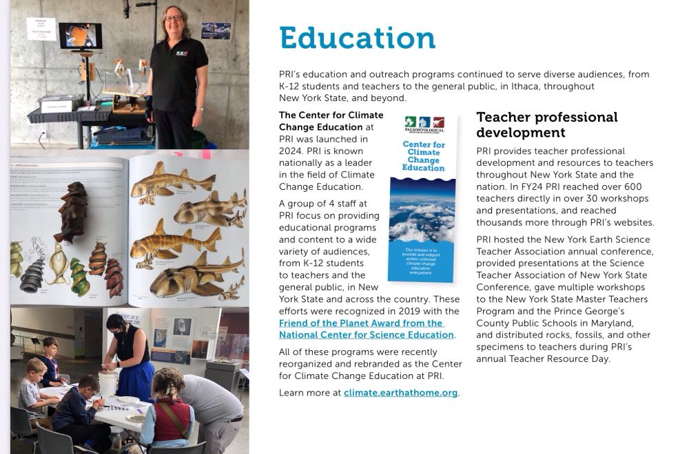 Images of PRI educators conducting workshops, the teacher friendly guide to climate change, and text with the above information.