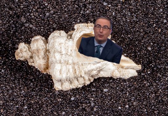 John Oliver in a suit and tie coming out of the aperture of a fossil snail on a black sand background.
