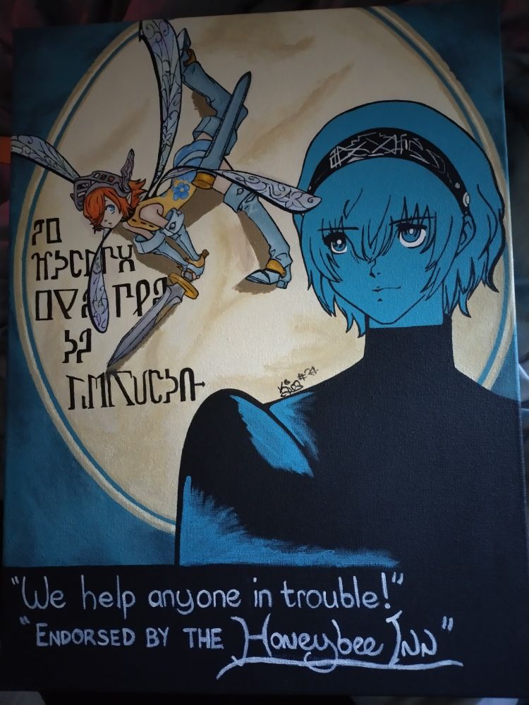 An acrylic painting on an A3 canvas done by me of the protagonist from Metaphor Refantazio with the fairy Gallica floating in front 