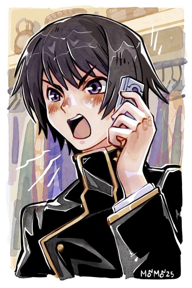 The second half of a fan joke for Lelouche Lamperouge yelling into his phone saying why are you buying clothes at the soup store.

With a clothes store in the background