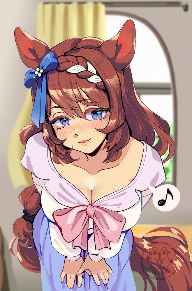 Artwork of Super Creek from Umamusume, happily praising her trainer.