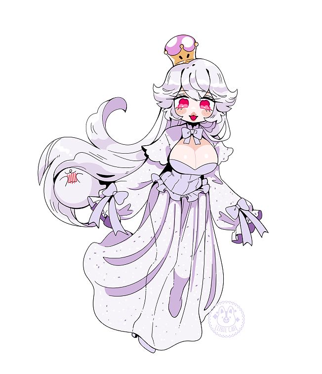 Digital art of Booset in a sparkly dress and a shy gostie!