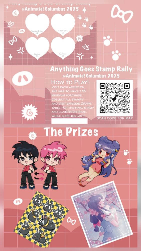 Instructions on the Ranma 1/2 Stamp Rally at Animate! Columbus including the prize pack.