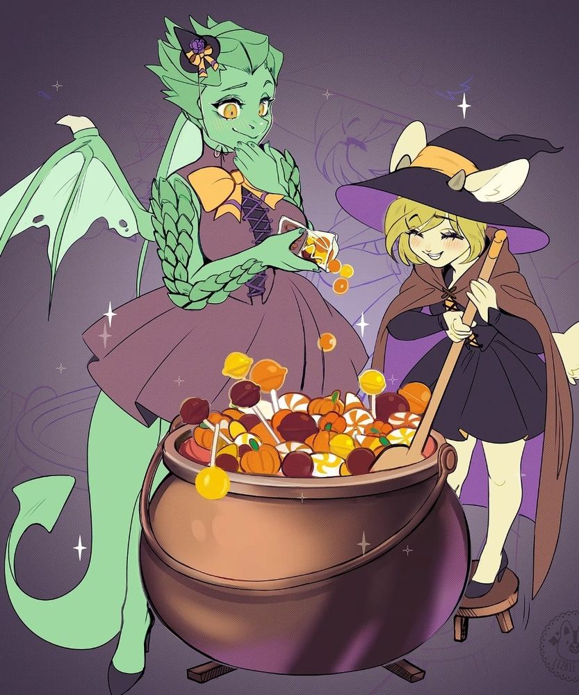 Dragon and fawn anthromorphic ocs in witch outfits stirring a HUGE pot of delicious sweet treats!