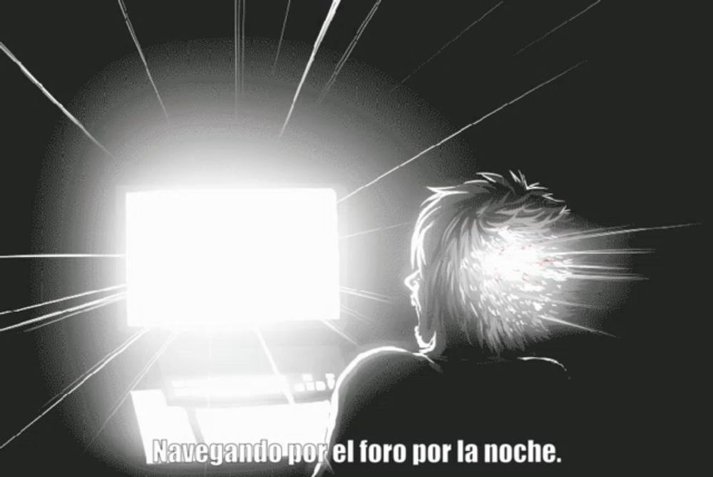 a black and white drawing of a person looking at a computer screen with the words navegando por el foro por la noche below