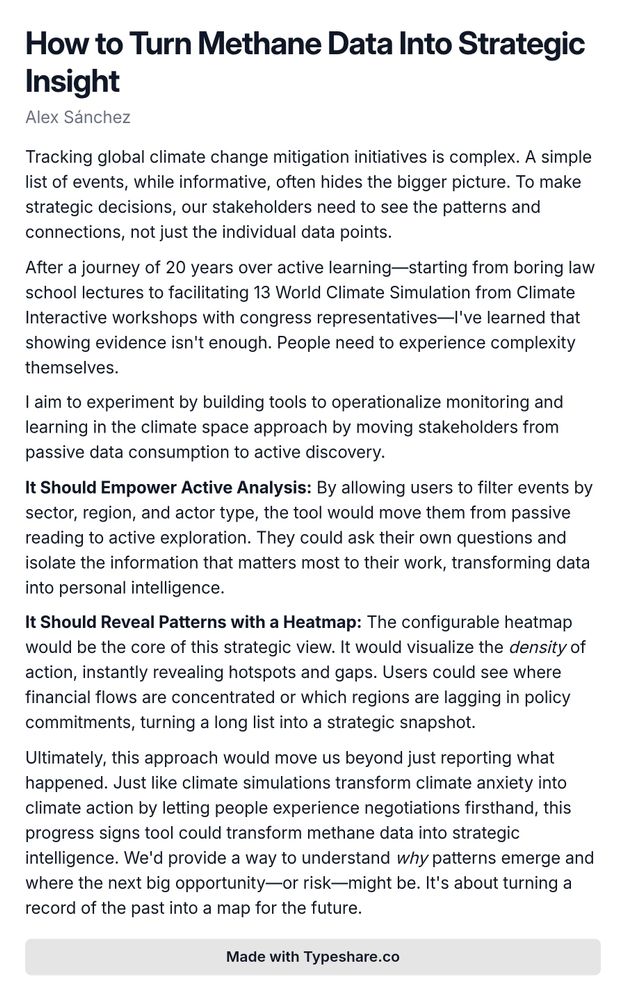 Screenshot of an essay titled 'How to Turn Methane Data Into Strategic Insight'. The body discusses the complexities of tracking global climate change mitigation initiatives and emphasizes the need for stakeholders to see patterns rather than just individual data points. The author shares insights from a 20-year journey and highlights the importance of experiential learning. Tools proposed include active analysis features for users to filter data and a heatmap to visualize action density, showcasing areas of concentration and gaps. The text concludes advocating for transforming data into strategic intelligence to understand underlying patterns, aiming to turn historical records into future opportunities.