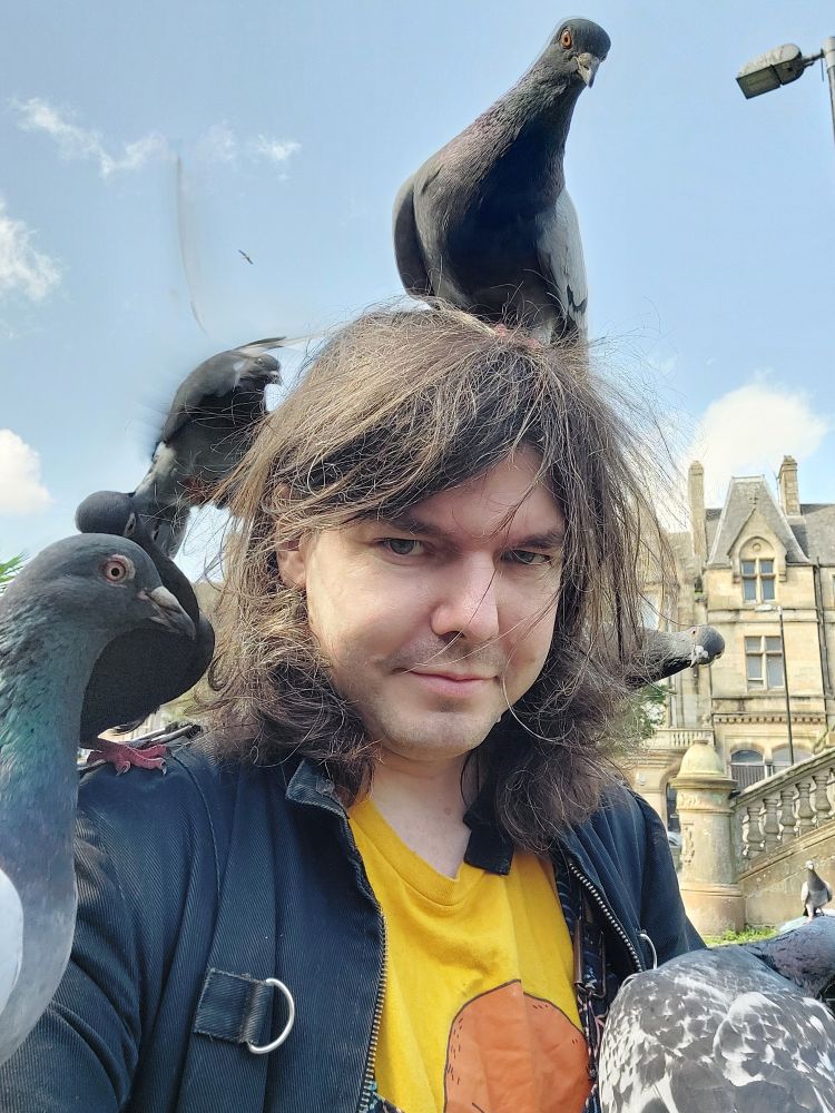 Some idiot covered in pigeons who did *not* want to let them leave 
