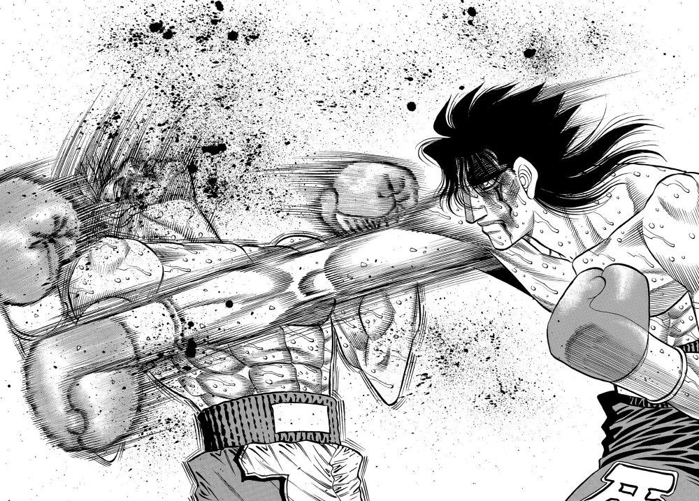 Chapter 1479 oh Hajime no Ippo, where Mashiba Ryo (The challenger on the right) landed a clean right straight against the exhausted Marcus Rosario (The lightweight world champion).