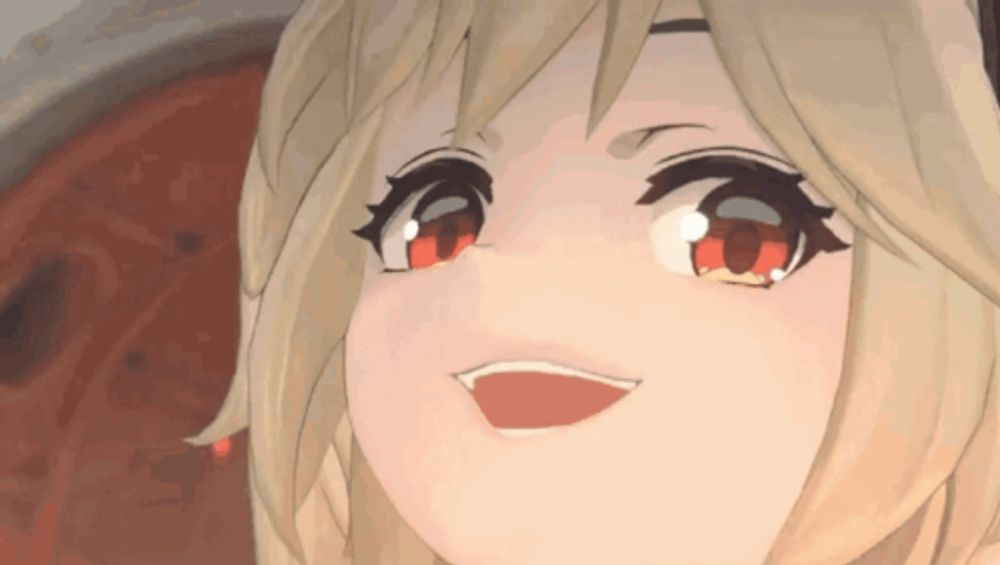 a close up of a anime girl with red eyes smiling