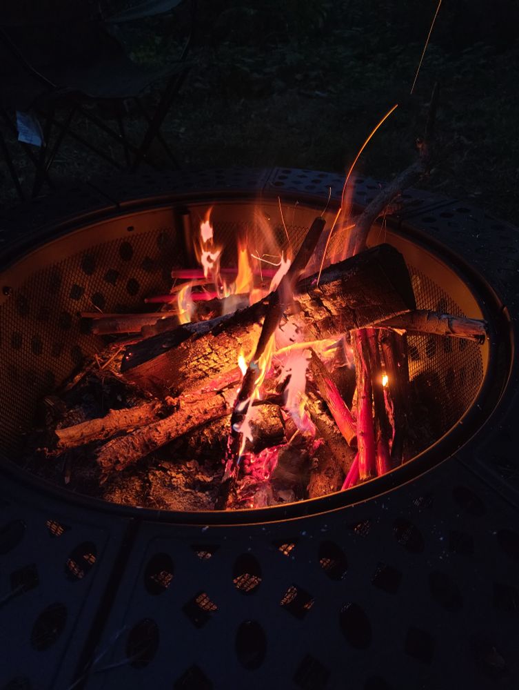 Maiden fire in a fire pit, bright and burning merrily.