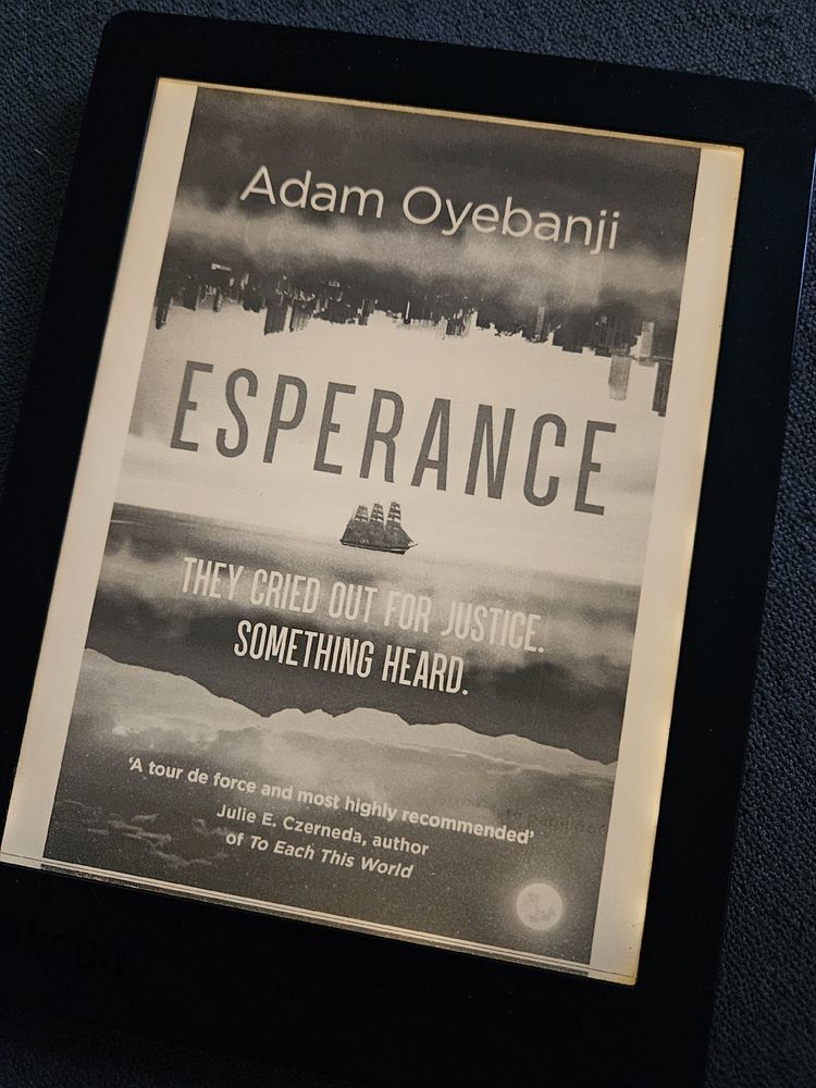 Book cover on ereader showing a robot mosquito.