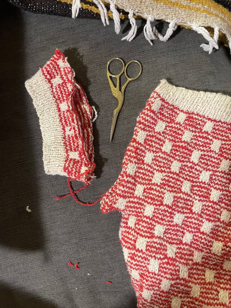 The sleeve cut off or a knitted color work cardigan.