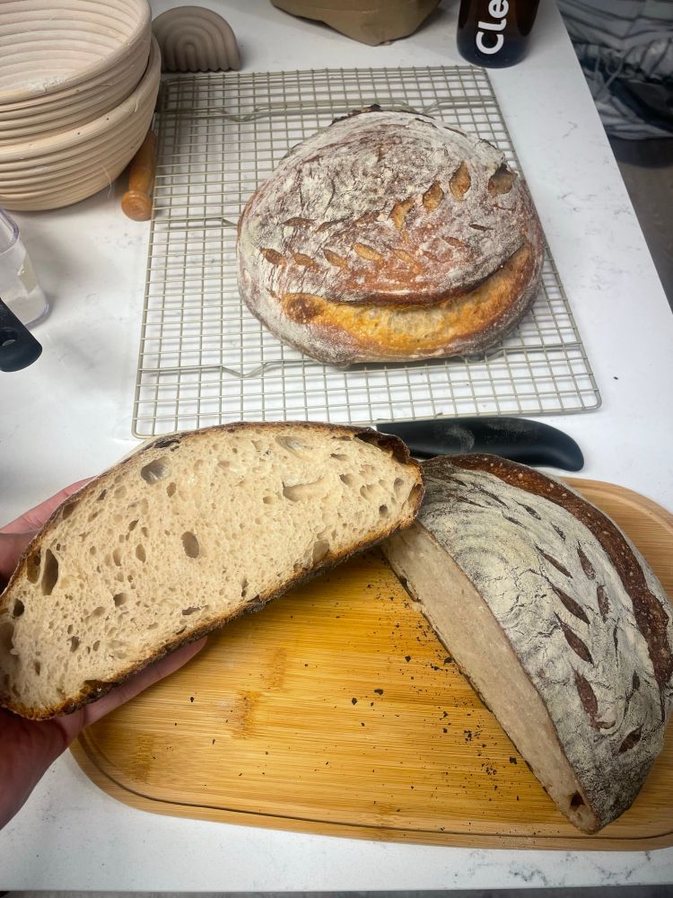 A loaf of sourdough bread cut in half showing the crumb of the loaf.