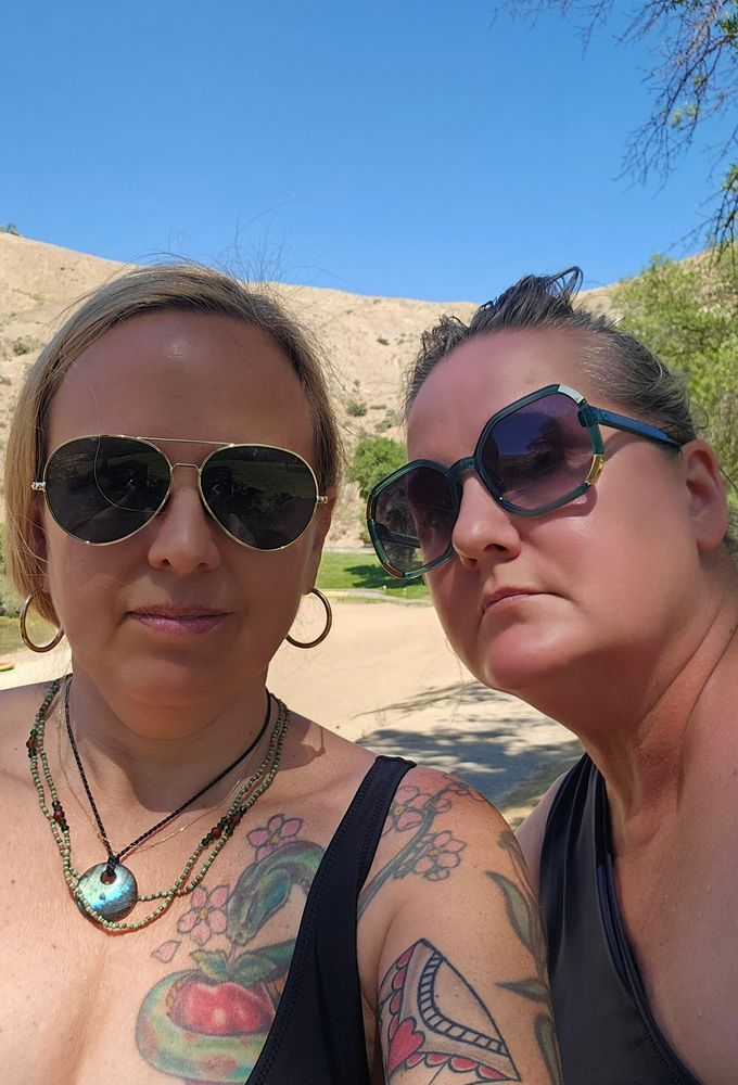 Selfie with tattoos and bff with aviators and blue sky 