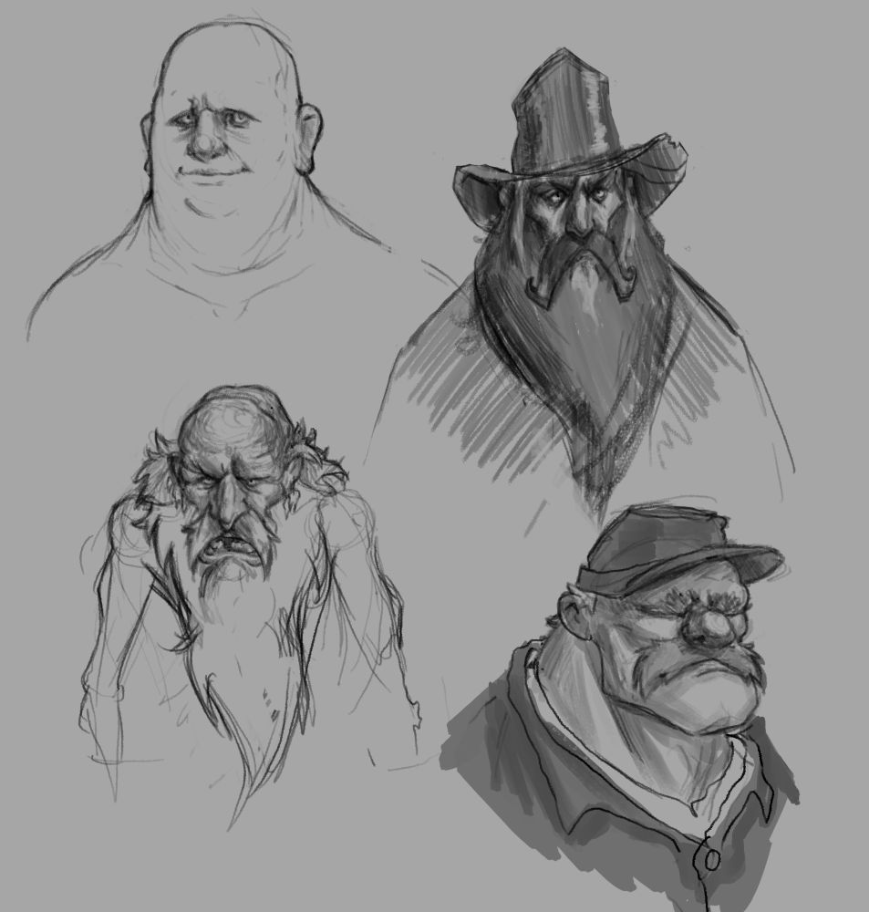 Four sketched digital portraits of characters from Blood Meridian, one of Judge Holden and three of scummy looking dudes from the Glanton Gang