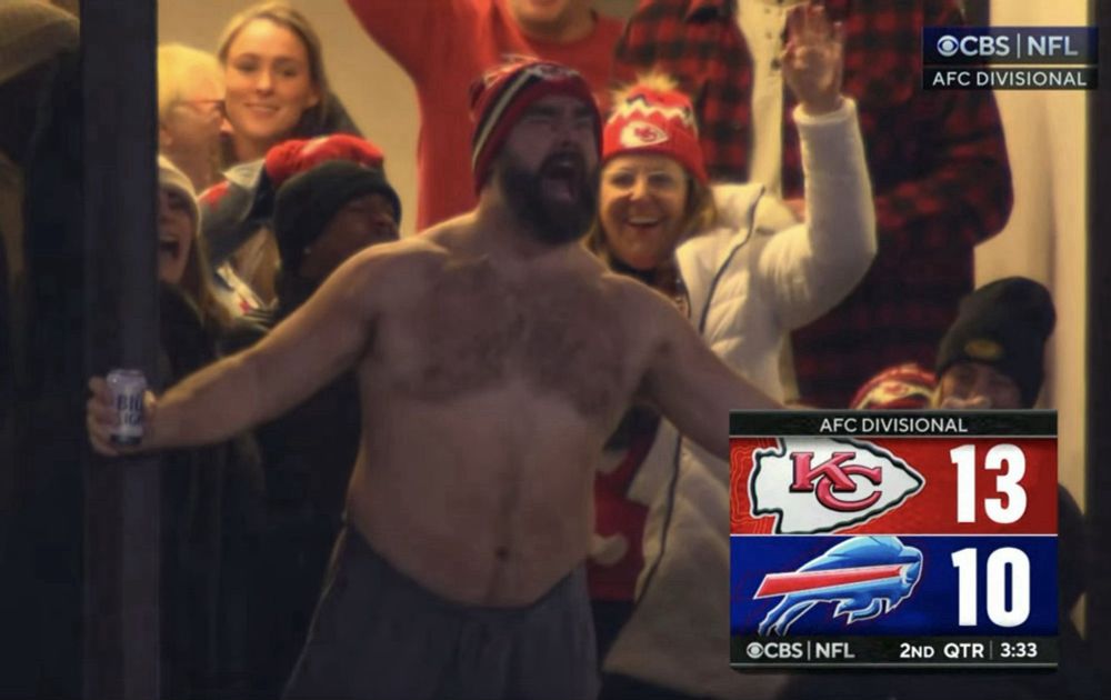 Shirtless Jason Kelce celebrates his brother’s touchdown.