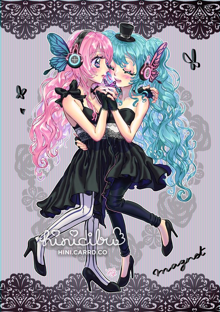 Digital fan art of VOCALOID Megurine Luka and Hatsune Miku, dressed as in Magnet song. Both are romantically close together watching a butterfly between their clasped hands.