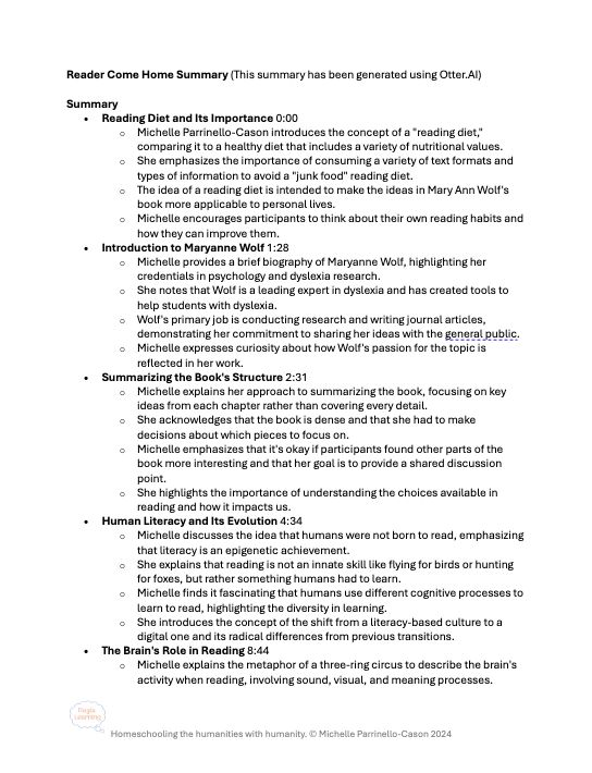 Document titled "Reader Come Home Summary (This summary has been generated using Otter.AI") that includes five time-stamped lists of summarized content from a video transcript. 