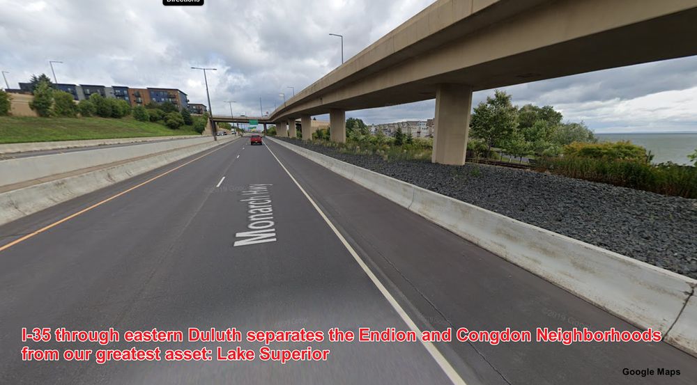 Google Street View image of I-35 along Lake Superior in Eastern Duluth, near 21st Ave E.