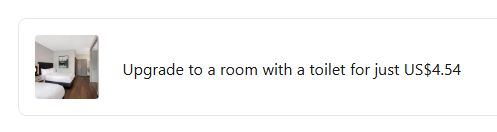 An amusing screenshot from a booking.com hotel booking offering the guest to "Upgrade to a room with a toilet for just $4.54"