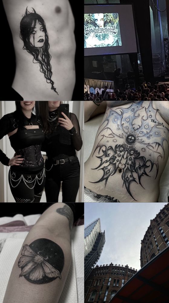 A collage of photos from january, three photos of tattoos a devil woman on ribs, seraph on stomach and moth on an arm, a photo of a concert venue, a photo of Gasometer buildings, a photo our outfits. 
