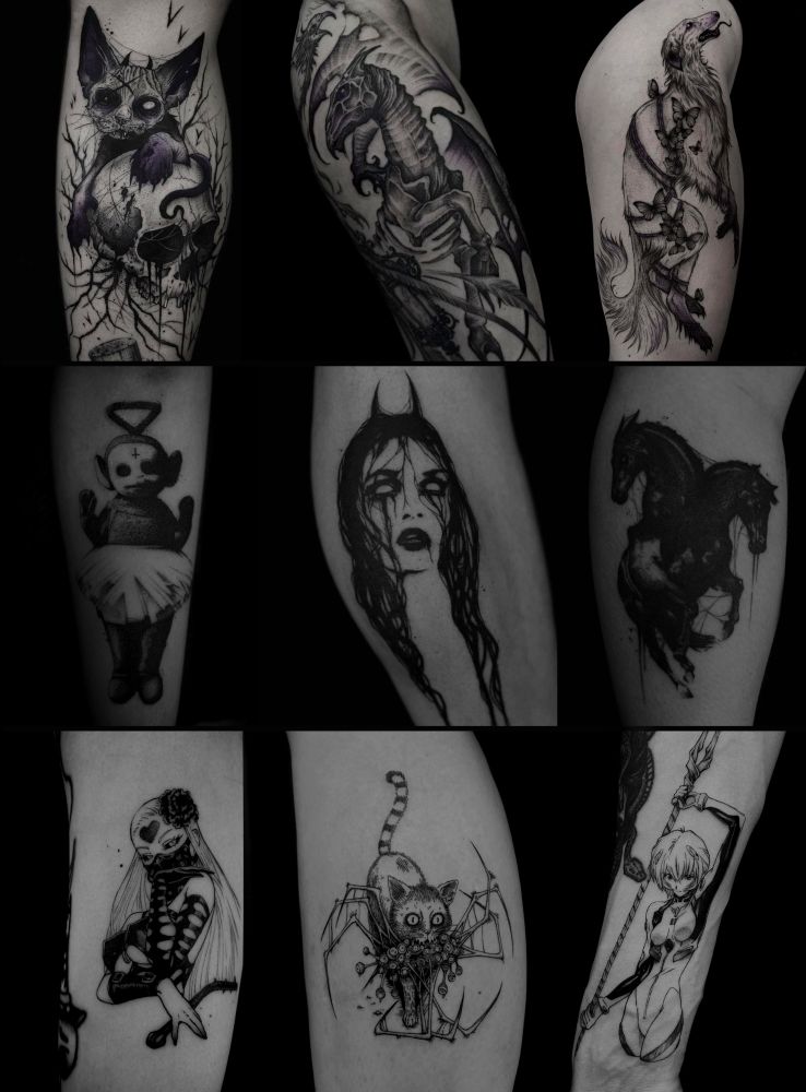 A collection of photographs of tattoos and tattoo styles the tattoo artist AyaGrym does. A cat on a skull tattoo, a Thestral tattoo, a borzoi dog tattoo, a Telebubles tattoo, a devil lady tattoo, a two headed horse tattoo, Dos manga character tattoo, Junji Ito spider cat tattoo, Rei from Evangelion tattoo. 