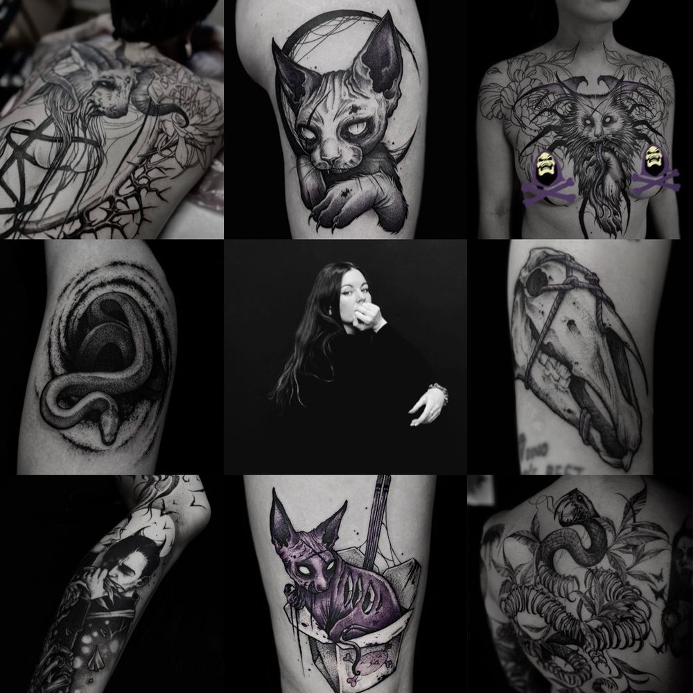 collection of photos of tattoos and in the middle a photo of the tattoo artist that made them