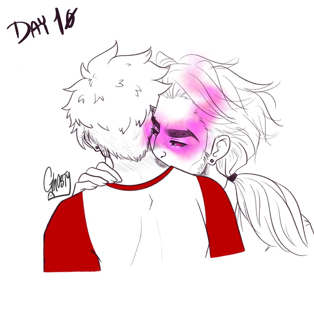 Danny Fenton is seen from behind with a visible hickey on the right side of his neck while Vlad glares over the boy's right shoulder at the viewer, his mouth unseen but clearly preoccupied with the blushing boy's neck. Vlad's right hand is possessively settled on Danny's left shoulder with his thumb rubbing the boy's neck. Vlad's eyes are ablaze with his ghost powers and a possessive jealousy like he's staking a claim in front of some unseen person.