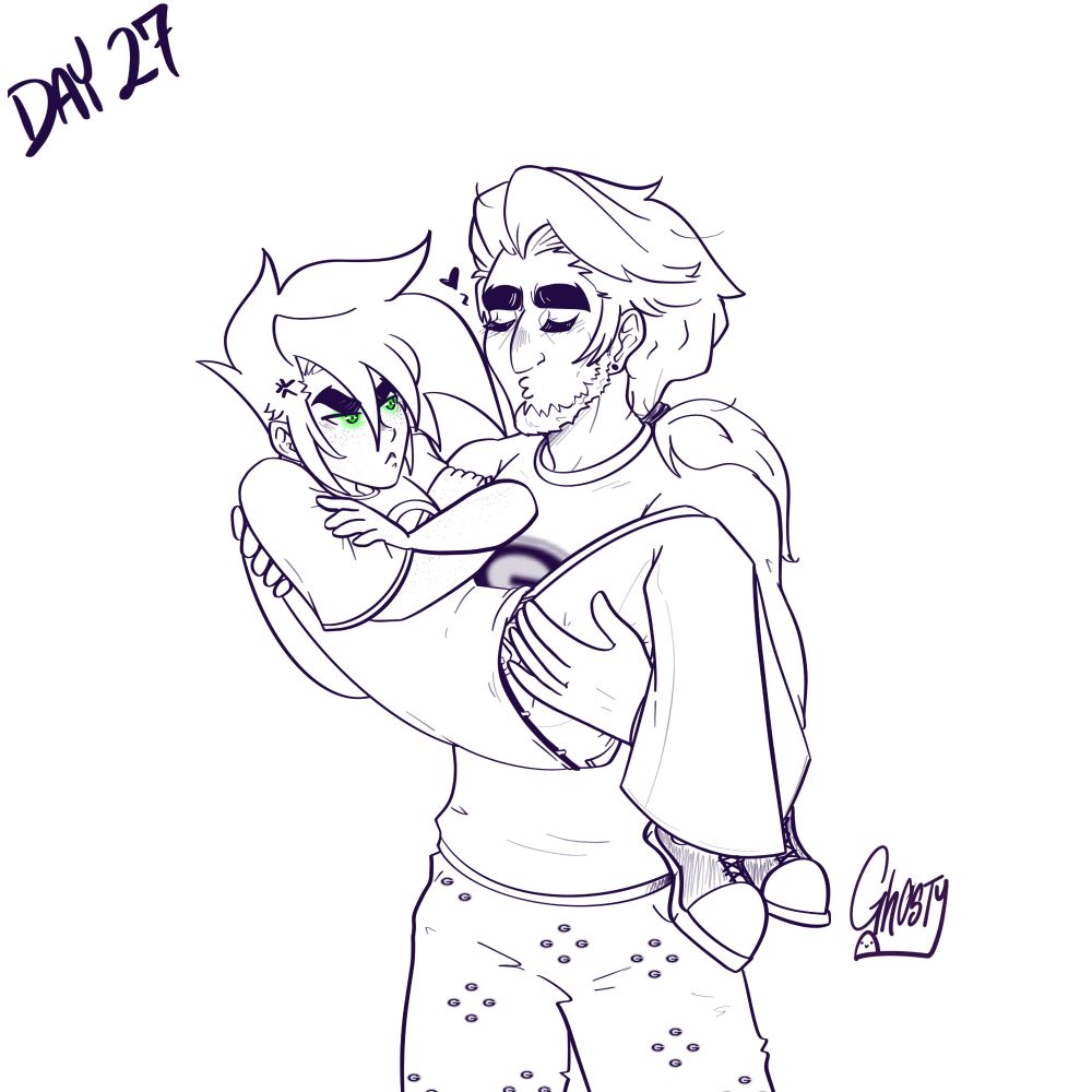 Vlad carrying Danny bridal style and trying to smooch him while the boy is clearly annoyed by his antics.