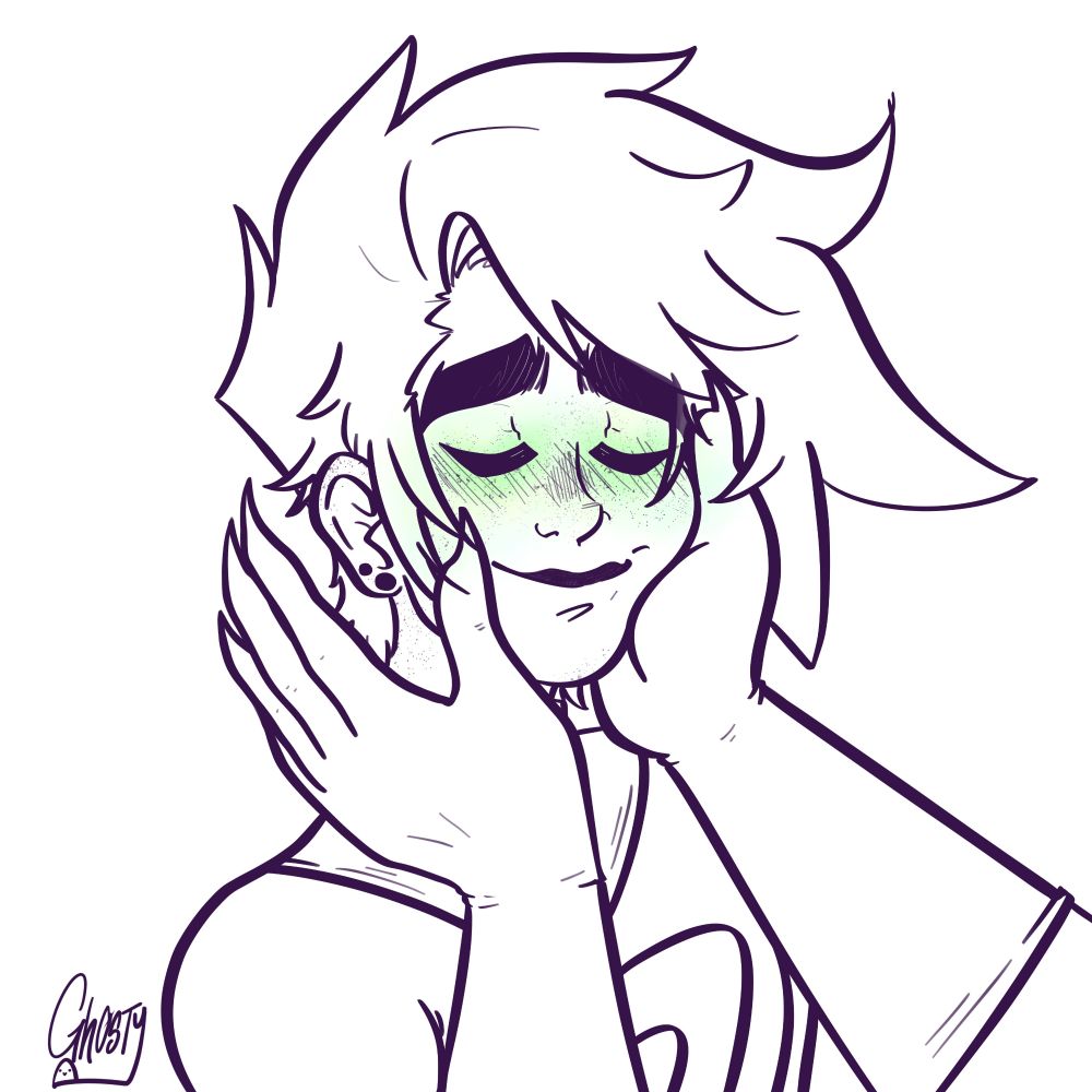 Bust up view of Danny Phantom with his face being held and caressed by Vlad's hands. Danny's eyes are shut and a tender smile is on his blushing face.