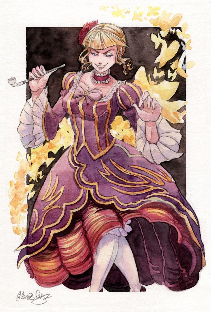 A watercolor illustration of Beatrice from the visual novel Umineko no naku koro ni. She is a blonde woman in large ball gown, surrounded by golden butterflies