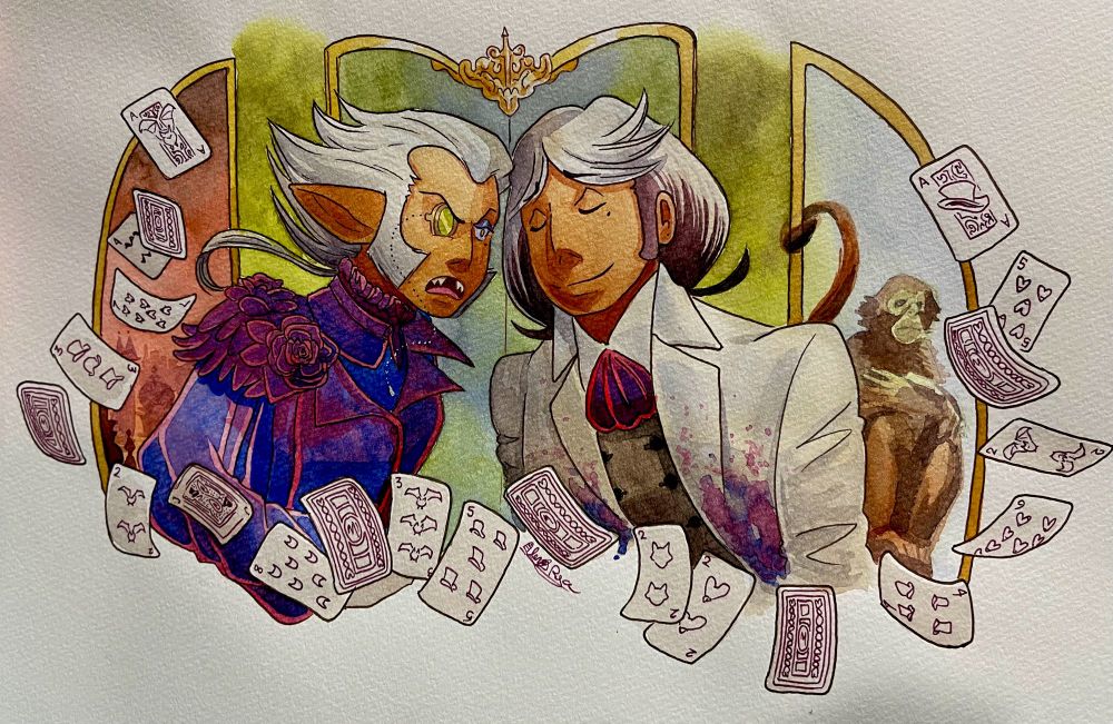 A watercolor image of a figure and their double; playing cards surround them. The text "Self-Reflection" is visible in white letters.