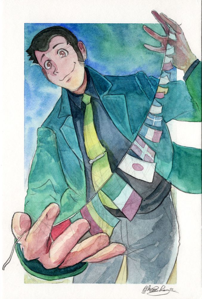 A watercolor illustration of Lupin III as he appears in The Castle of Cagliostro, with flags.