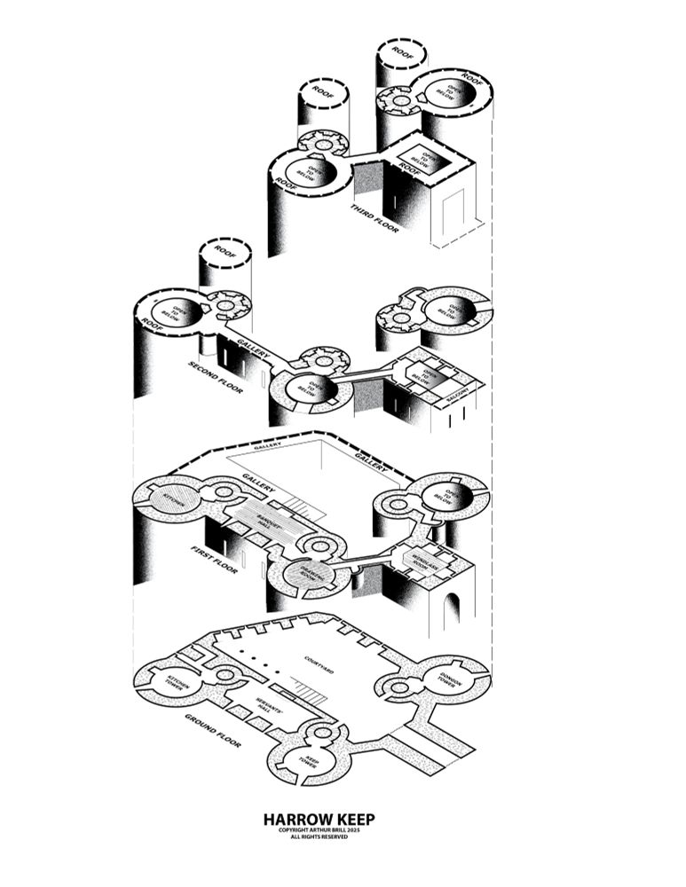 Layout out of castle floor plans in a faux isometric style. 