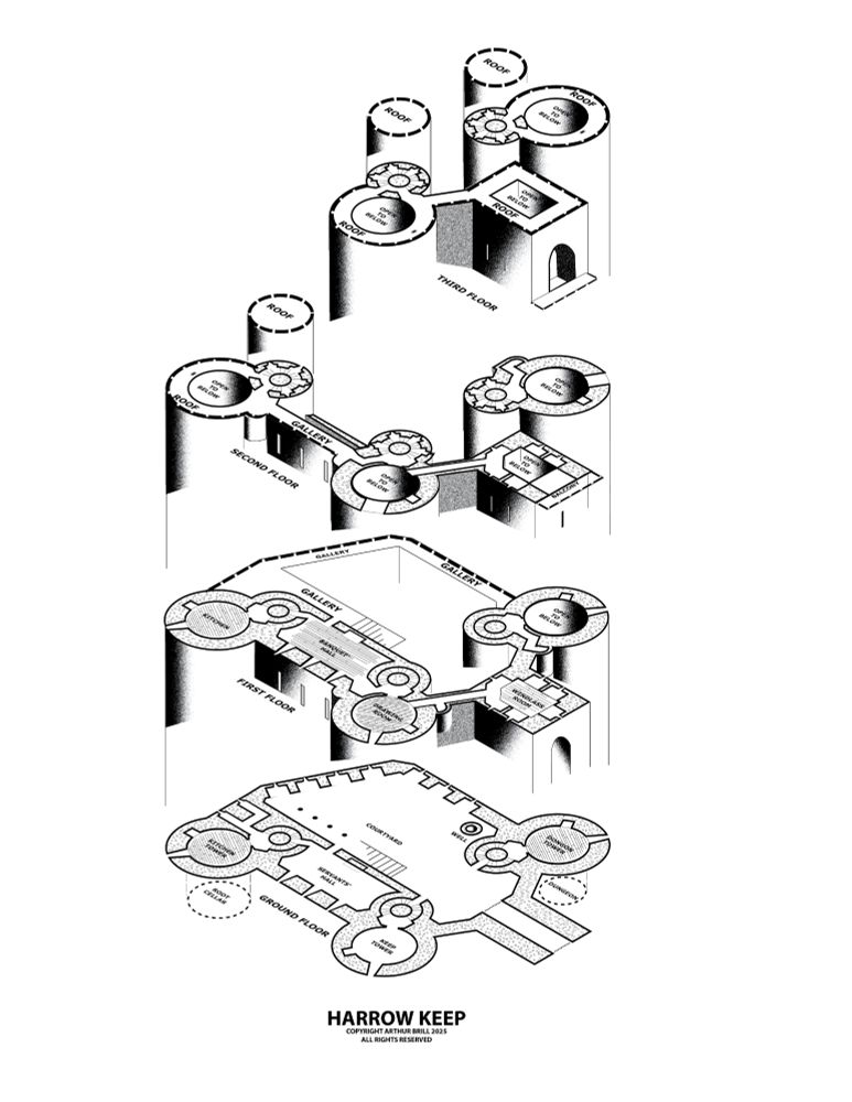 Black and white rendering castle in isometric style