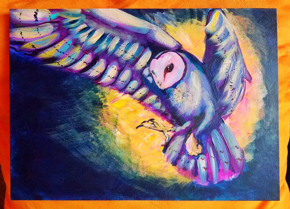 A very colorful painting of a barn owl