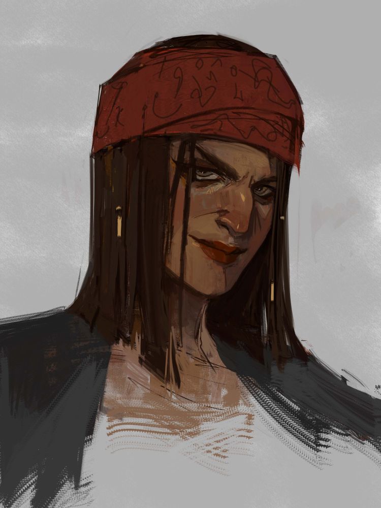 A sketch of a middle eastern woman wearing a red bandana and looking suspiciously similar to Sevika from Arcane
