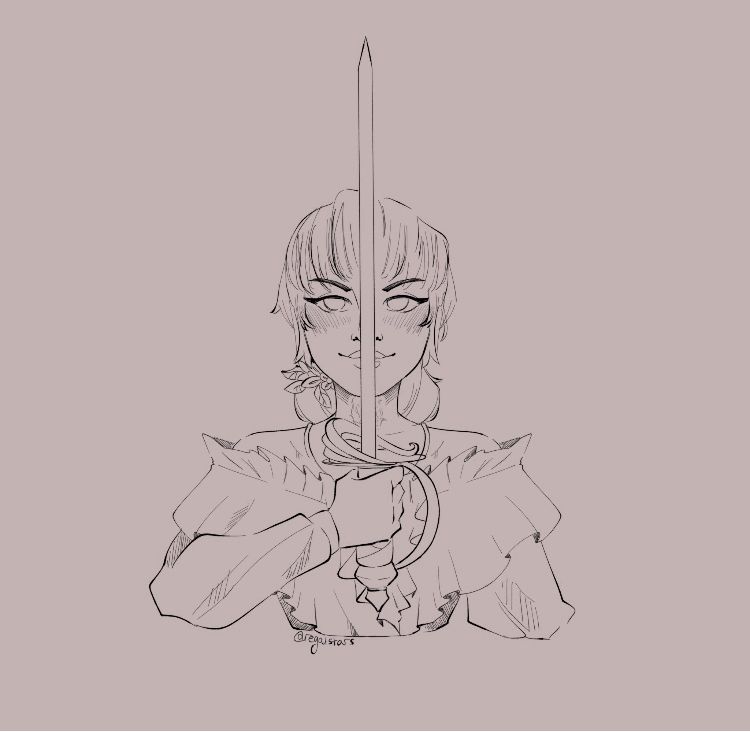 Maëlle Rigny: a petite Aasimar with a long, loose braid and shaggy bangs. She has a scar on her throat in the shape of a tree of life, one of Pandie’s symbols. She wears a ruffled boatneck blouse and holds a rapier in front of her face, and looks confident.