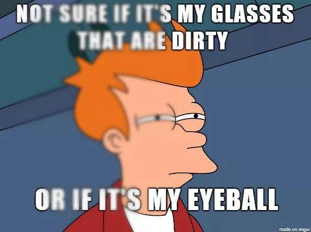 Fry wondering "Not sure if my glasses are dirty, or it's my eyeball,"