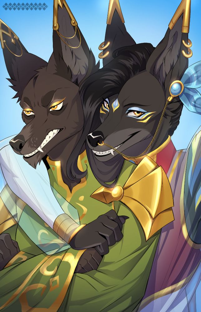 Two Jackals adorned in traditional Jackal robes of green and gold as well as red and gold. Scowling and smiling, respectively. The smiling one has one arm wrapped around the scowling one, who has their arms crossed. Image appears as if it was a self-capture.