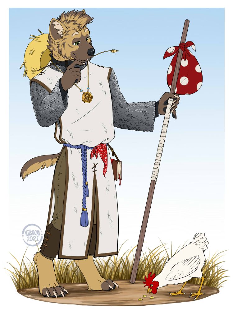 Edwin, gnoll cleric. Dressed in a simple white tabard over a chain shirt, their holy symbol on a necklace. A small sack is tied to their quarterstaff. They are looking at a chicken.