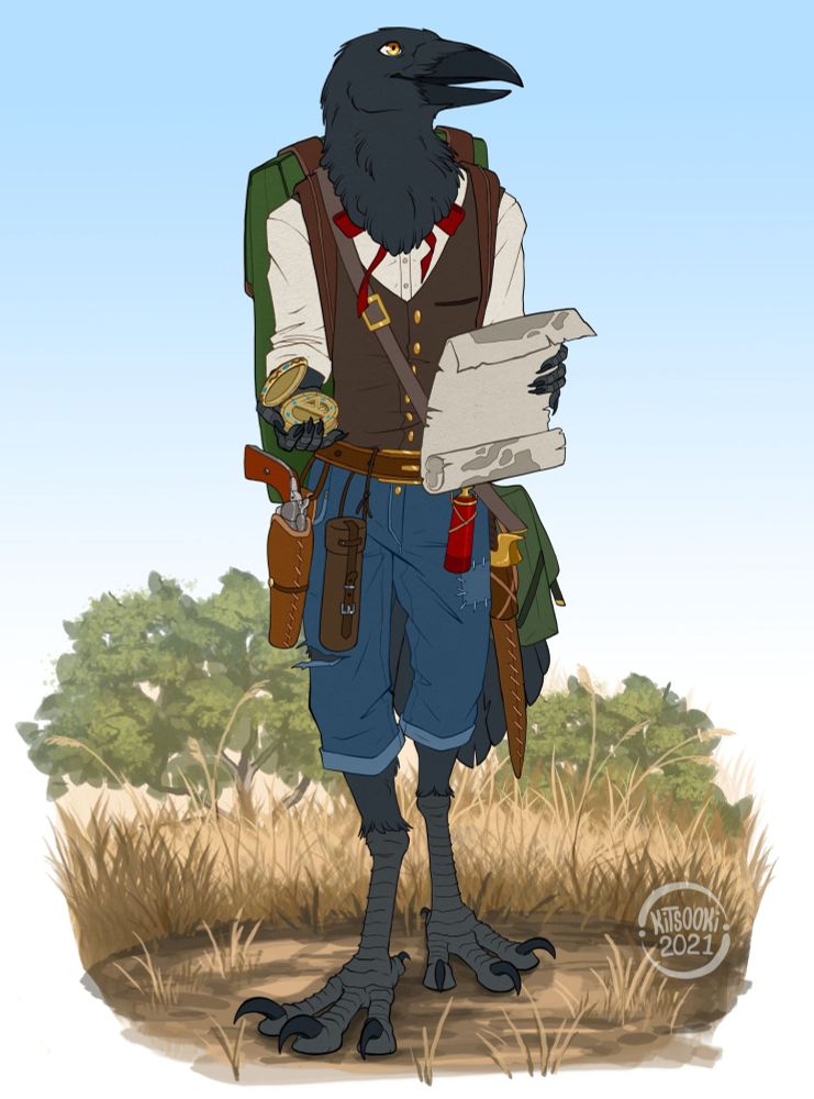 Janice the kenku rogue, holding a map and compass.