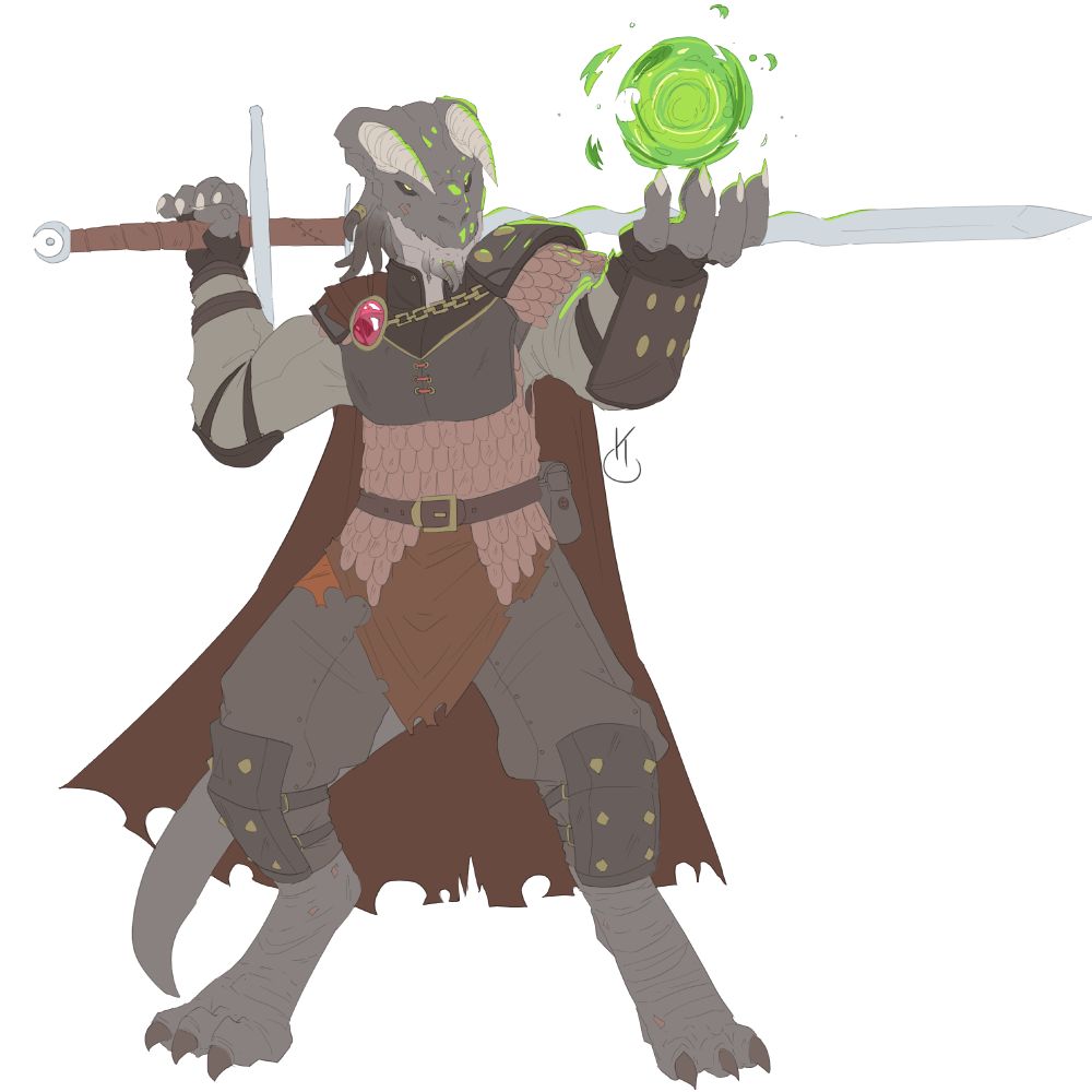 Xarxan the black dragonborn warlock, wearing red scale mail and wielding both a flamberge greatsword as well as a green ball of eldritch blast.