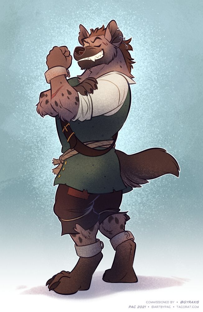Keter the gnoll. Wearing a ratty green vest over a tunic. Striking a pose.