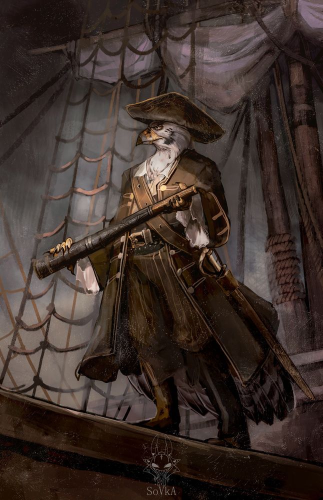 Gyraxis the gyrfalcon standing on the prow of a ship. They are holding a large telescope. They are weaering a large coat, with a bicorne hat and a saber.