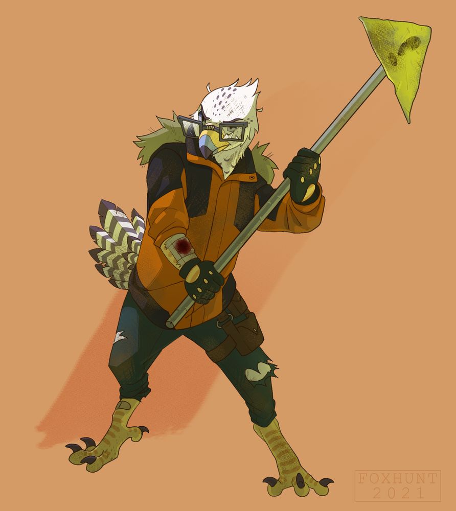 Gyraxis, the gyrfalcon in a dirty orange coat and ripped pants. They are wielding a sign with a "!" on it. One of the lenses of their glasses are shattered. There is a bloody bandage patch on their right forearm.