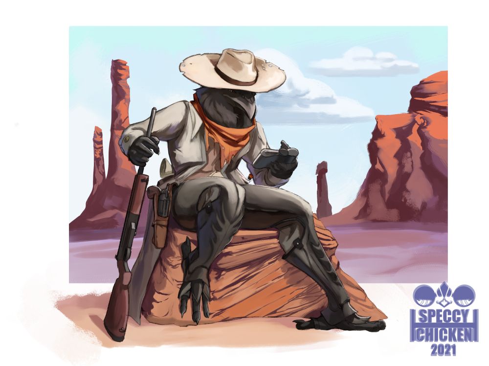 Chesko, Kenku gunslinger, sitting on a rock. Holding a rifle and looking at a flask.